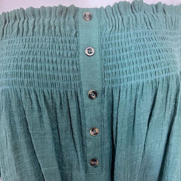 Kori America Smocked Off Shoulder Trapeze Top Button Placket Detail Teal💗 - Picture 4 of 7